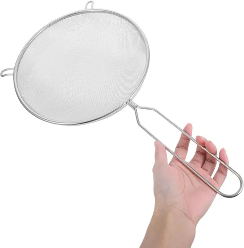 Miniatura 4 de Lurrose Cuchara de malla de acero inoxidable de 17.12 pulgadas con colador ranurado de mango largo para servir alimentos, drenaje de aceite