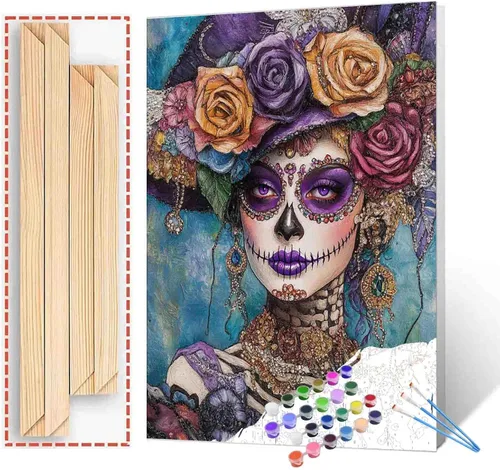Miniatura 29 de Pintura por números para parejas tomadas de la mano, para adultos, principiantes, Día de los Muertos, Esqueleto, Pintura por números sobre lienzo
