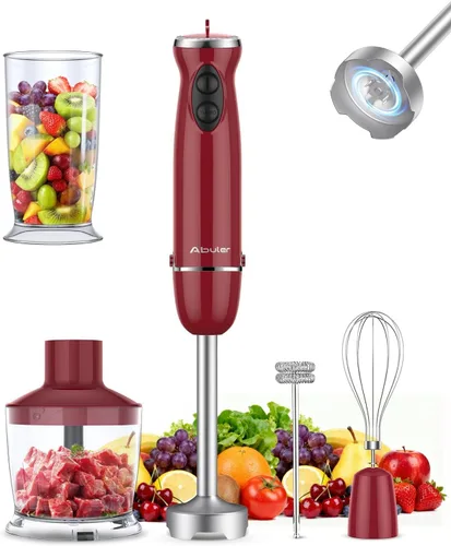 Batidora de inmersión 5 en 1 de mano, Abuler 1000W batidora de mano con palillo, 12 velocidades batidora de mano de acero inoxidable 304 con vaso de