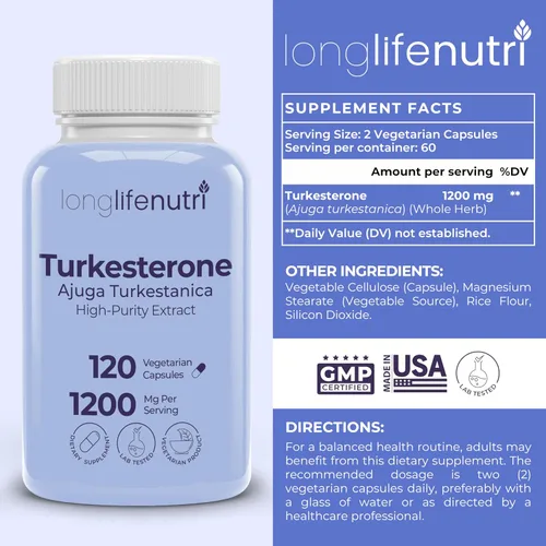 Miniatura 3 de LongLifeNutri Turkesterone 1200mg - Ajuga Turkestanica de alta pureza para fuerza, recuperación y crecimiento muscular, 120 cápsulas vegetarianas