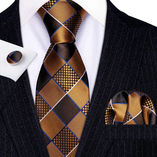 Miniatura 35 de Barry.Wang Juego de corbatas a cuadros para hombre con pañuelo gemelos de rayas clásicas