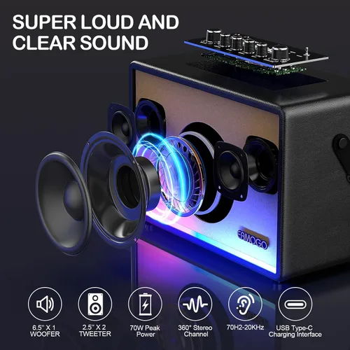 Miniatura 2 de Altavoz Bluetooth portátil con 2 micrófonos inalámbricos, gabinete de madera de abedul de graves profundos de 70 W, sistema PA Bluetooth para Negro