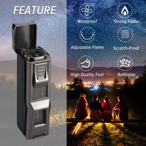 Miniatura 4 de Encendedor de puros con llama de 4 chorros, butano recargable, resistente al viento con punzón y soporte, regalo para hombres y mujeres