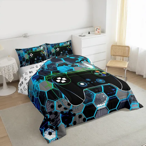 Miniatura 5 de Manfei Juego de edredón moderno de 2 piezas con estampado de consola de videojuegos de panal azul con 1 funda de almohada, juego de ropa de cama