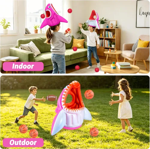 Miniatura 4 de YongnKids Juguete de piscina de tiburón para niños de 4 a 8 años, flotadores inflables 3 en 1 con aro de baloncesto y fútbol y juegos de lanzamiento