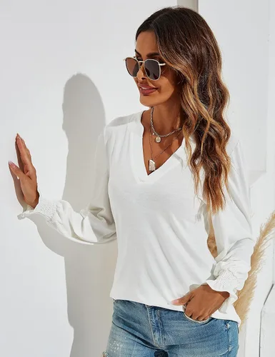 Miniatura 5 de Romanstii Camisetas casuales con cuello en V para mujer, blusas sueltas de manga larga abombada, plateado