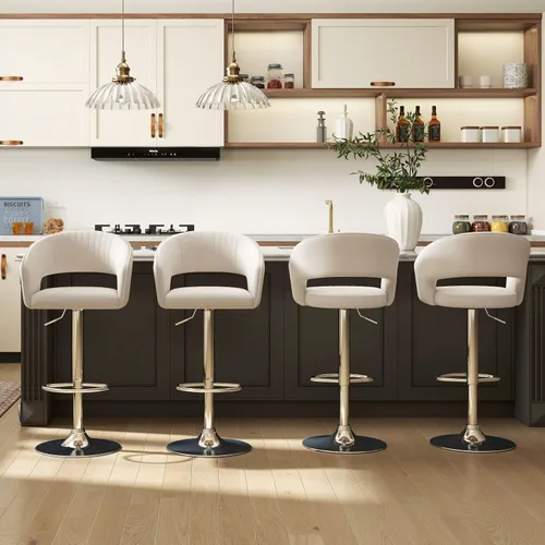 Miniatura 6 de Hyfirm Juego de 2 modernas sillas de bar de cocina con base cromada dorada, taburetes de bar giratorios ajustables con respaldo y reposapiés
