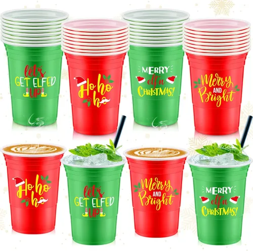Miniatura 12 de Jinei 100 piezas de vasos desechables de Navidad de 16 onzas, vasos de plástico para fiesta de Navidad, café, chocolate caliente y bebidas frías