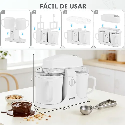 Miniatura 4 de Pukomc Máquina para hacer helados para uso doméstico, con dos cuencos de helado, operación simple y fácil de limpiar, color blanco