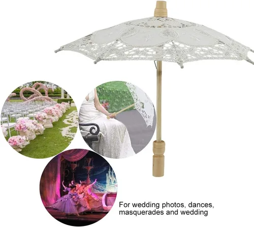 Miniatura 5 de Diyeeni Paraguas de novia, elegante sombrilla de bordado de algodón con encaje floral hecho a mano, sombrilla con mango de madera para bodas