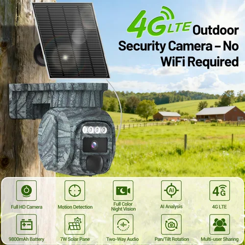 Miniatura 2 de Cámara de seguridad celular solar 4G LTE para exteriores, alimentación de batería, cámara inalámbrica sin WiFi con plan de suscripción de tarjeta