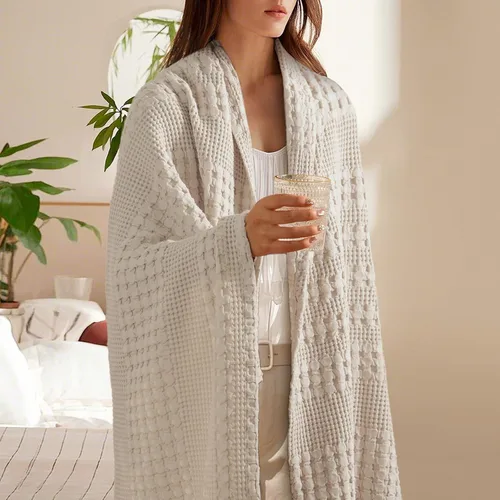Miniatura 2 de PHF - Manta tejida de punto gofre 100% algodón, suave, ligera, transpirable, acogedora, de verano, para sofá y cama, tejida, estética, decoración 01