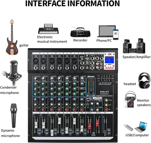 Miniatura 5 de Mezcladores DJ jindaaudio Consola de Mezcla de Audio de 8 Canales con Bluetooth, Interfaz de Audio USB con Alimentación Fantasma de 48V, Mesa