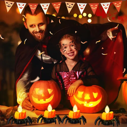 Miniatura 7 de YBB 12 velas de té de araña de Halloween, novedosas velas LED sin llama, funciona con pilas, lámparas de té naranja para fiesta de Halloween, mesa