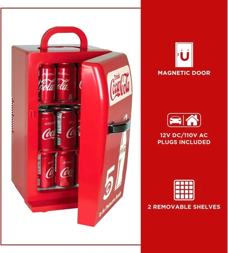 Miniatura 3 de Mini Refrigerador Coca Cola – Refrigerador de 18 Latas para Dormitorio, Oficina, Enfriador de Bebidas Portátil de Mesa, Refrigerador de 12V 110V