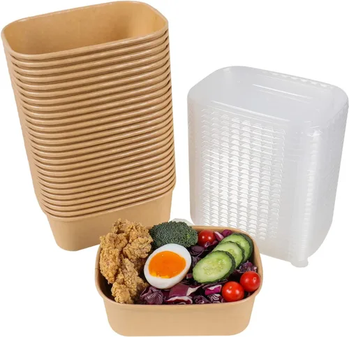 Cuencos de papel kraft desechables de 25 onzas con tapas, recipientes rectangulares para alimentos, cuencos de sopa, suministros de fiesta, cuencos