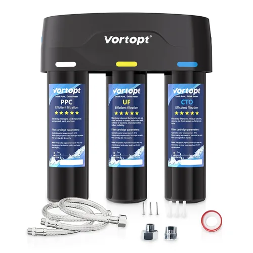Vortopt F03 - Sistema de filtro de agua para debajo del fregadero, filtración UF de 3 etapas de 0.01 micrones con alto flujo, reduce el cloro y los