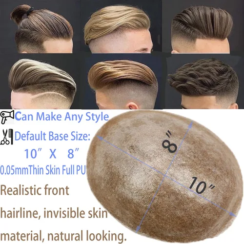 Miniatura 7 de Voloria Postizo humano virgen europeo para hombre tupé ultra transparente piel fina PU piezas de pelo de repuesto 10"x8" tamaño base #21 color rubio