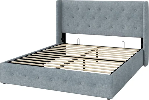 Miniatura 9 de Allewie Cama de Almacenamiento Elevable Tamaño Completo, Cabecero Capitonado con Botones con Respaldo de Ala, Soporte Hidráulico, No Necesita Gris