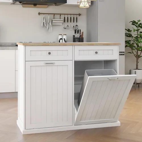 Miniatura 15 de RASOO Gabinete de basura de doble inclinación hacia fuera, cesta de lavandería independiente de madera con 2 cajones, cubo de basura de cocina