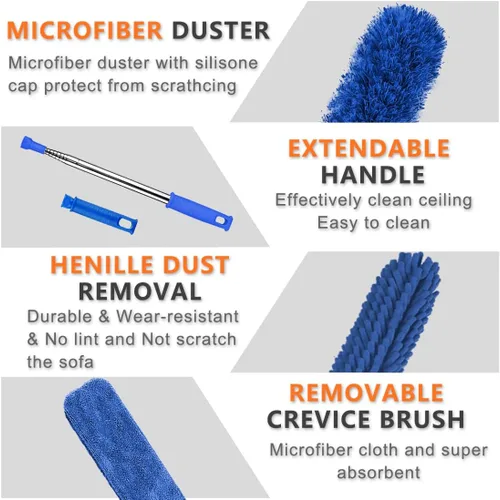 Miniatura 3 de Plumeros profesionales de microfibra para limpieza, 6 plumeros extensibles y flexibles con poste telescópico de 100 pulgadas, kit de limpieza