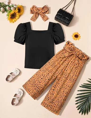 Miniatura 21 de DONWEN Conjunto de 3 piezas de ropa para niñas pequeñas y niñas con cuello cuadrado + pantalones elegantes + diadema para primavera y verano