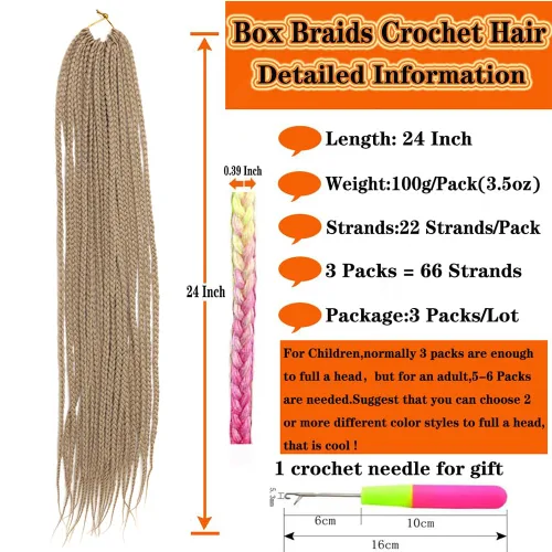Miniatura 3 de Extensiones de cabello trenzado tipo box de 24 pulgadas, hechas a mano, para mujeres y niñas, extensiones de cabello trenzado, 24#, 3 paquetes, 22