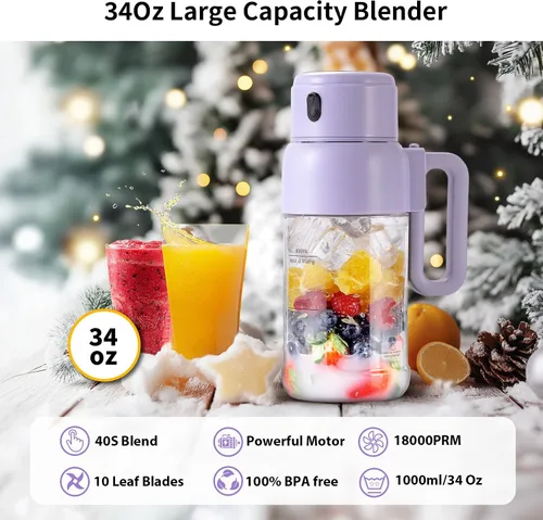 Miniatura 4 de Licuadora portátil para batidos, 34 onzas, tamaño personal, mini batidora de proteínas, licuadora de batidos, inalámbrica y sin BPA, con tapa