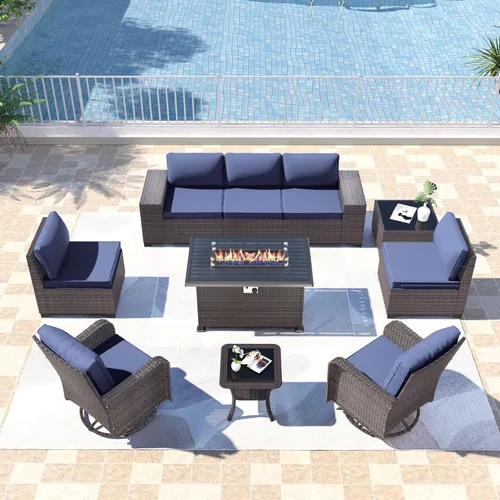 Miniatura 94 de Kullavik Juego de 13 muebles de patio al aire libre con mesa de fogata de gas propano de 43 pulgadas, 55000 BTU, mimbre de polietileno, sofá Arena