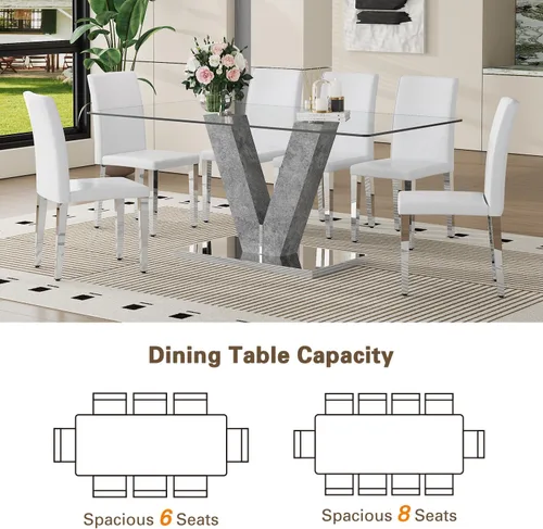 Miniatura 6 de Juego de mesa de comedor de cristal moderno de 71 pulgadas para 6, juego de mesa de comedor de 7 piezas con sillas y mesa de vidrio templado