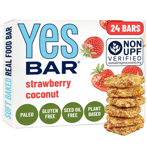 YES Nut Bars - Fresa y coco - Barras suaves masticables saludables hechas con jarabe de arce orgánico, veganas, paleo, sin gluten, sin azúcar