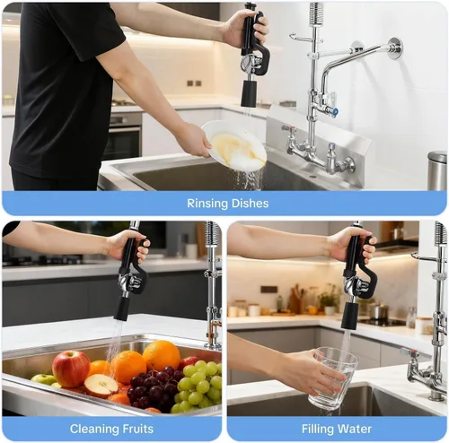 Miniatura 8 de Pulverizador de preenjuague con cabezal de rociador de fregadero comercial, válvula de pulverización de bajo plomo con mango ergonómico, piezas