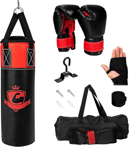 GYMAX Saco de boxeo para niños, saco de boxeo prellenado con guantes de boxeo, envolturas de mano y bolsa de transporte, saco de boxeo pesado