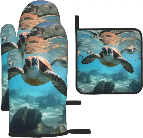 Juego de manoplas de horno y soportes para ollas con estampado de tortugas marinas, resistentes al calor, antideslizantes, guantes de cocina, 3