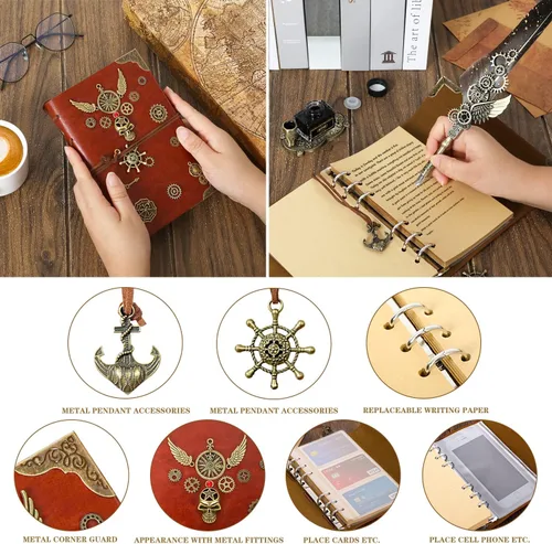 Miniatura 4 de Set de pluma estilográfica con pluma estilo tintero, cuaderno, 5 puntas reemplazables, sello, cuchara, cuentas de cera, cera blanca, tinta, Gris