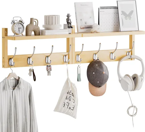 STELLSTAR Perchero con estante, paquete de 2 colgadores de pared de bambú con 8 ganchos para entrada, pasillo, cocina, baño, sala de estar, cuarto