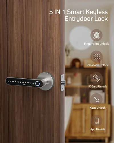 Miniatura 11 de TMEZON Cerradura inteligente para puerta, huella digital, cerradura de puerta de entrada sin llave con asa, tarjetas APP/IC/códigos/llaves/huellas