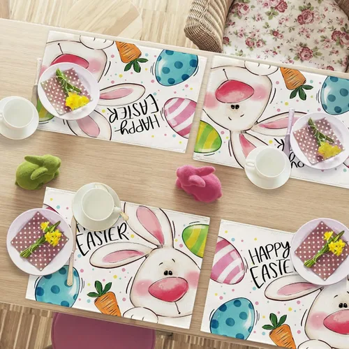 Miniatura 7 de Seliem Juego de 4 manteles individuales con diseño de conejo de Pascua, lindos huevos de conejo, zanahoria, lunares, rayas, manteles individuales