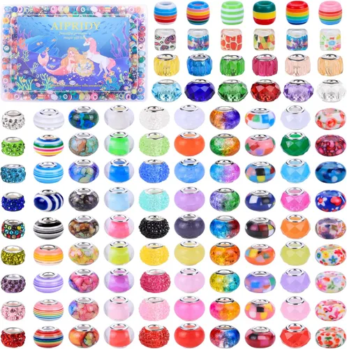 Miniatura 12 de AIPRIDY Cuentas Europeas Surtidas para Manualidades Cuentas Espaciadoras Lampwork de Agujero Grande Cuentas Europeas Coloridas para Hacer Collares