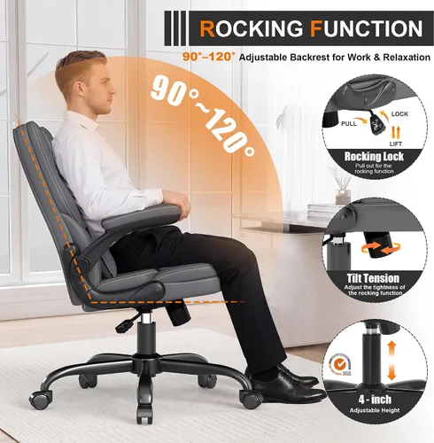 Miniatura 7 de Silla de oficina ergonómica con reposabrazos abatibles, 300 libras, respaldo medio, silla de escritorio de oficina con soporte lumbar, silla Gris