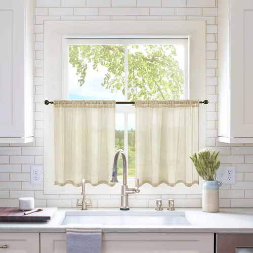 MIULEE 2 Paneles Cortinas de Cocina Tipo Tier Media Ventana Cortinas Transparentes con Bolsillo para Varilla Cortinas Translúcidas de Gasa para Beige