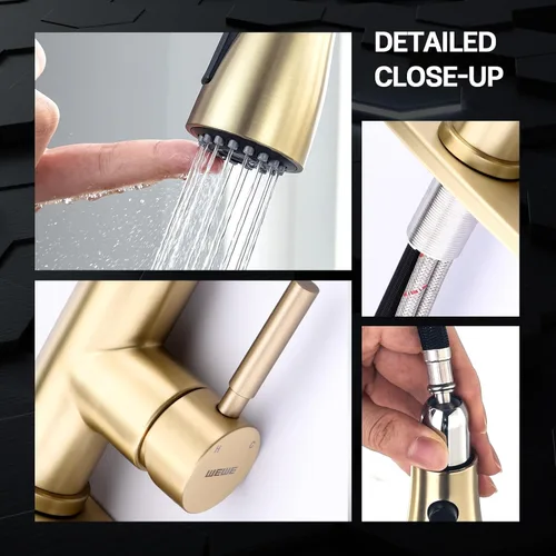 Miniatura 6 de Grifo de cocina dorado cepillado con rociador extraíble WEWE, grifo de cocina dorado monomando de acero inoxidable latón cobre comercial RV 1 o 3