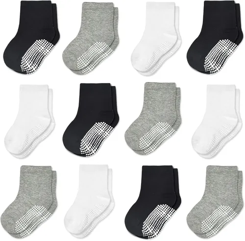Calcetines antideslizantes para niños, calcetines de corte medio para niños pequeños y niñas (0-7 años), 12 pares de calcetines antideslizantes para