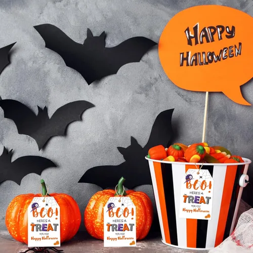 Miniatura 6 de Etiquetas de Halloween de Anwyll con cuerda - 50 piezas de etiquetas de regalo de papel de Halloween para bolsas de golosinas, etiquetas