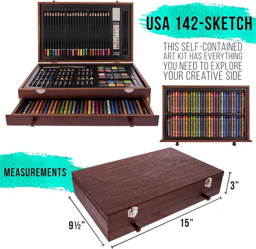 Miniatura 3 de U.S. Art Supply - Kit de artista de 162 piezas en caja de madera grande con pintura, dibujo y suministros de arte para adultos - 24 de cada uno