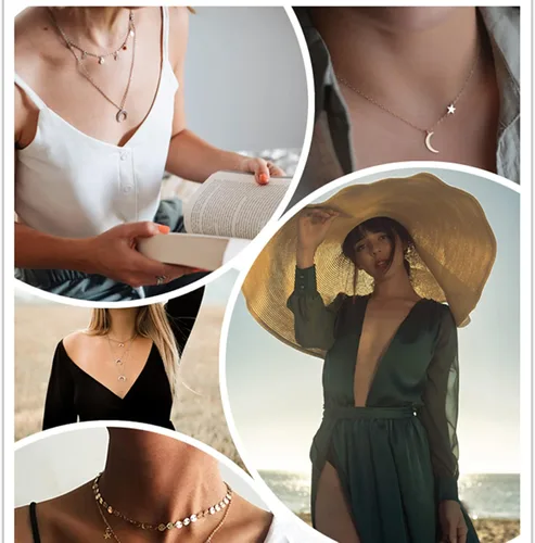 Miniatura 3 de Honsny Gargantilla en capas para mujeres y niñas, con monedas, luna, estrella, gargantilla multicapa, cadena de oro, juego de collar ajustable