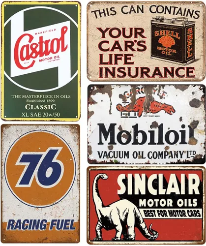 Paquete de 5 carteles de lata retro vintage, carteles de metal para coche de gasóleo para garaje, barra de cueva, 8 x 12 pulgadas