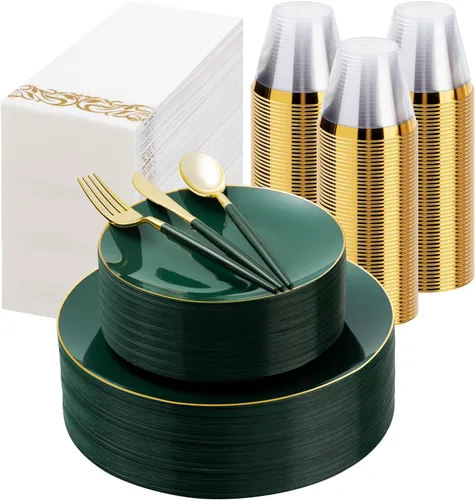 Juego de vajilla de plástico de 350 piezas, platos desechables dorados para fiestas, incluye 100 platos verdes con 150 cubiertos de plástico, 50