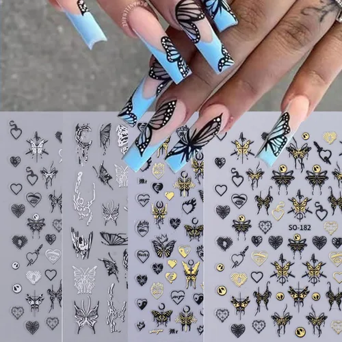 Calcomanías líquidas para arte de uñas, diseño de mariposa, negro, plateado, mariposa, luna, 3D, autoadhesivas, suministros de arte de uñas,