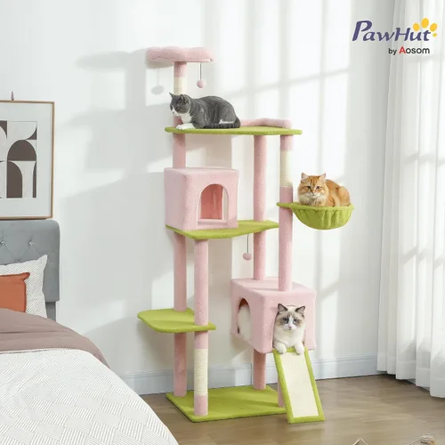 Miniatura 2 de PawHut Árbol de flores para gatos, torre grande de 74 pulgadas para gatos de interior con 2 amplios condominios, postes rascadores de sisal, 2 bolas